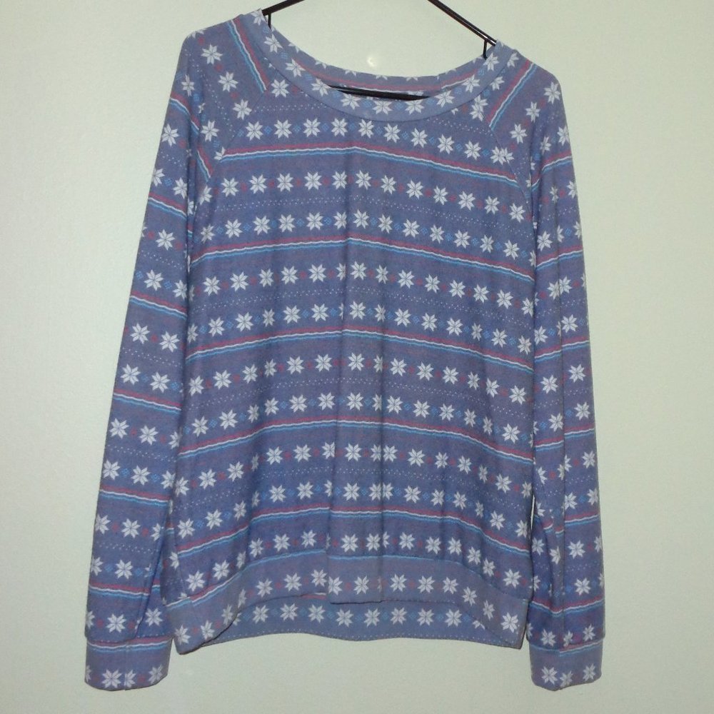 Denim Blue Flower Design Long Sleeve Top in Soft Brushed Cotton - Large